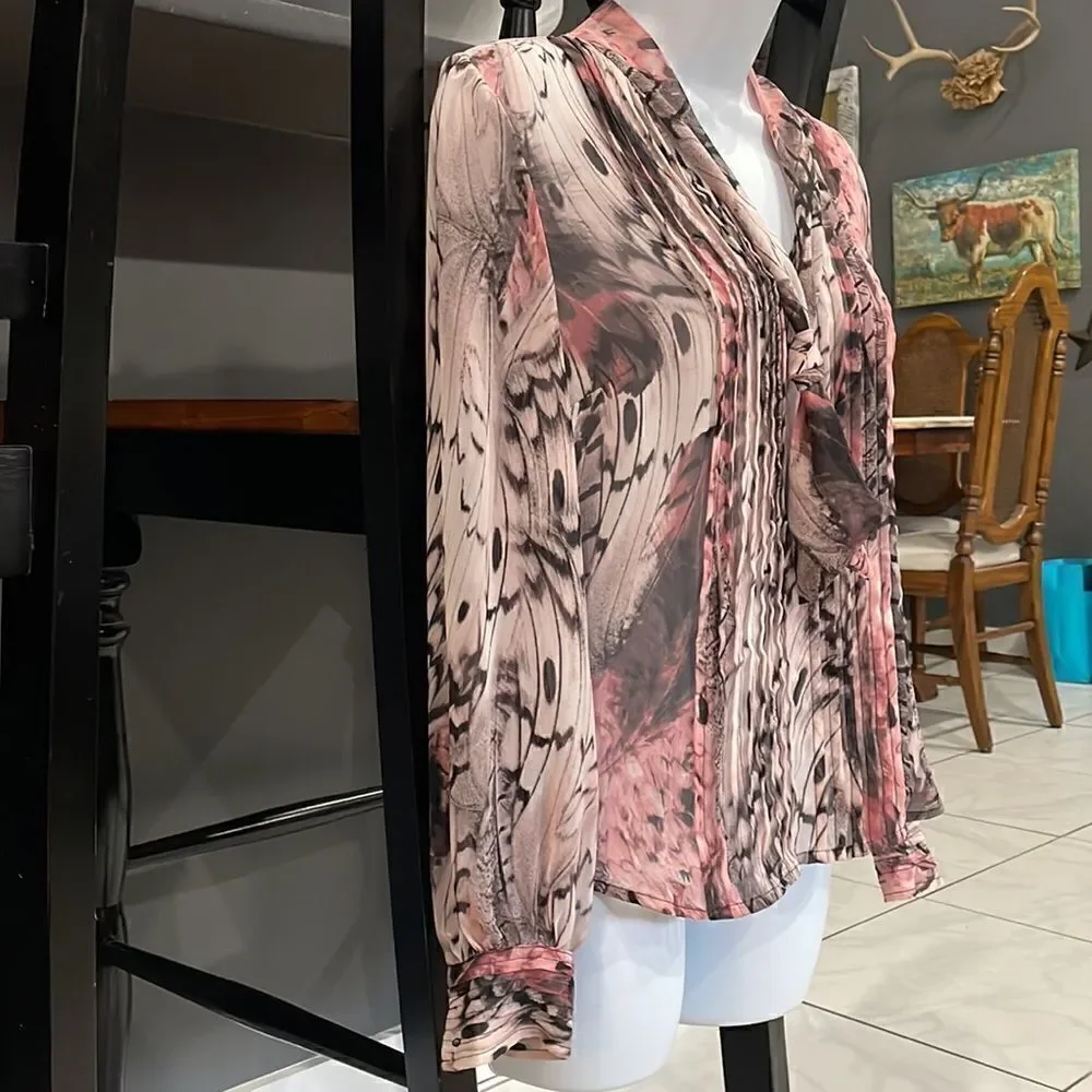 JLo Pink Leopard Print Chiffon Tie Neck Pin tucked Long Sleeve Blouse - Picture 7 of 13